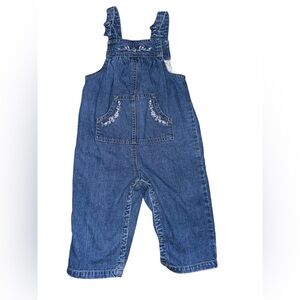 Janie and Jack 12-18 months denim embroidered floral overalls with snaps.